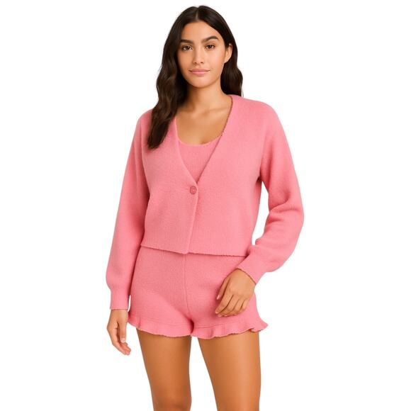 ASOS Pink Fleece Cardigan Short Sleeve T Shirt Shorts Sweater 3 Piece Set Size 2 - Picture 1 of 9